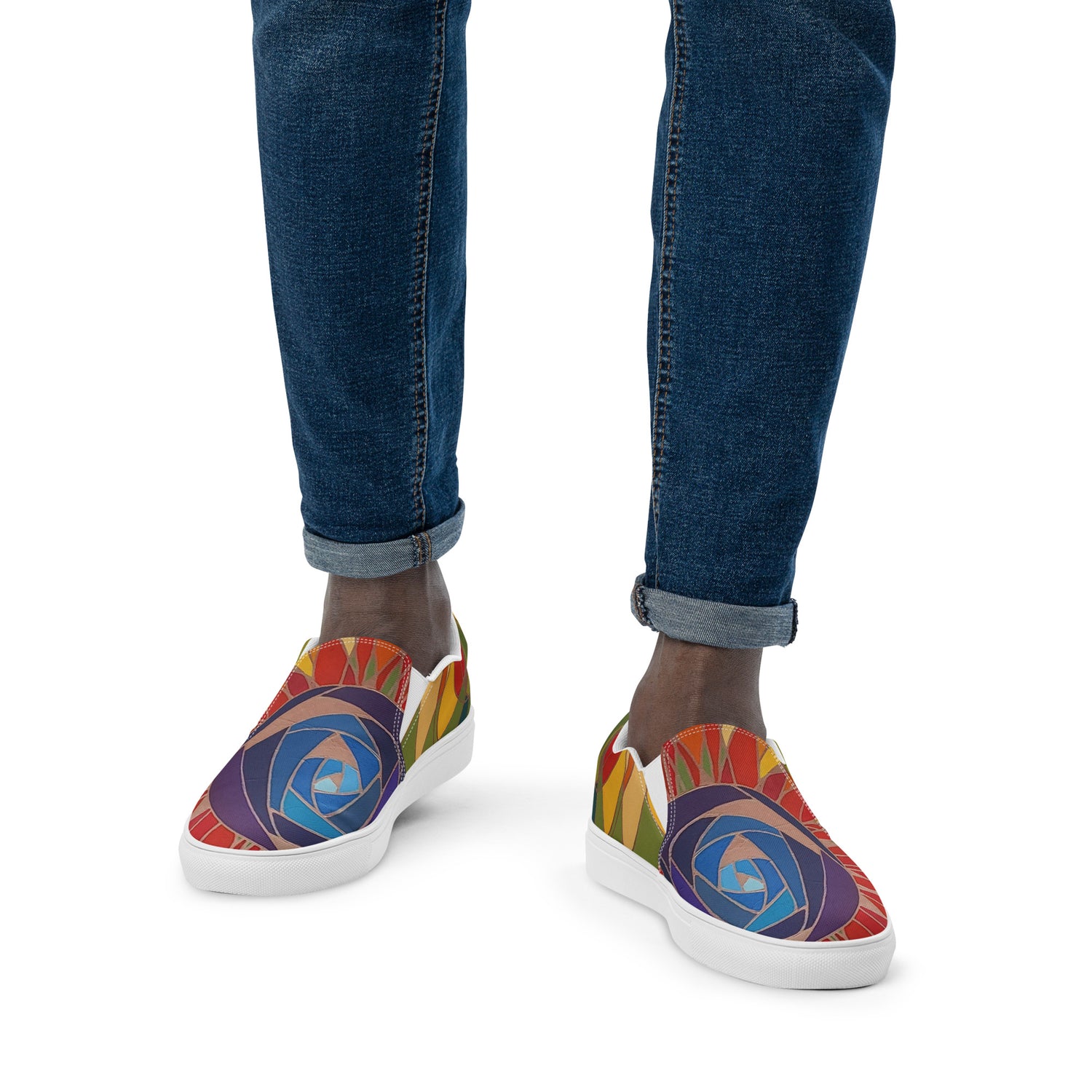 mens slip on canvas shoes with muticolored swirl flower.