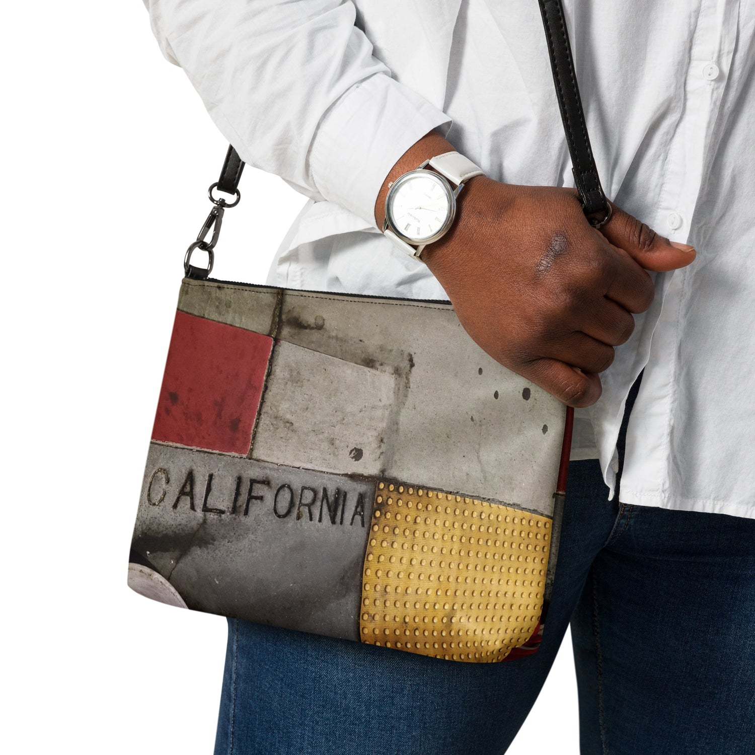 Cross shoulder handbag with California side walk photo in gray, yellow, black and red