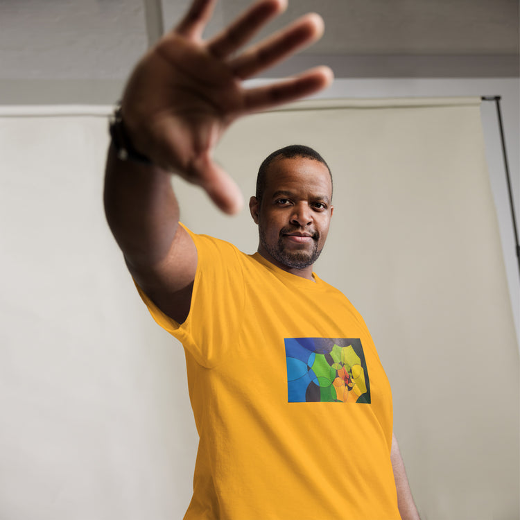 Man with yellow shirt with an abstract circle print