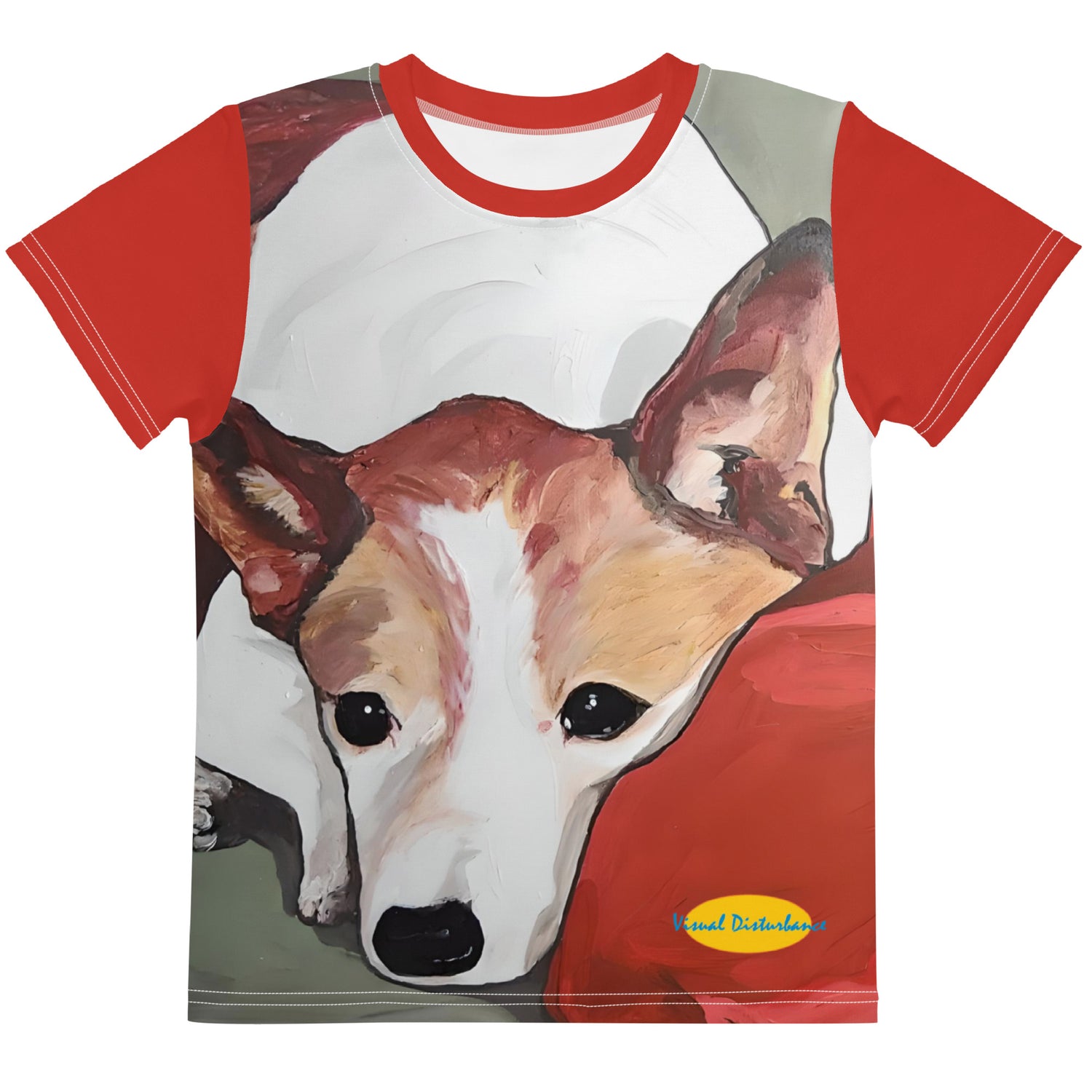 A t-shirt with a brown and white dog laying on a red pillow.