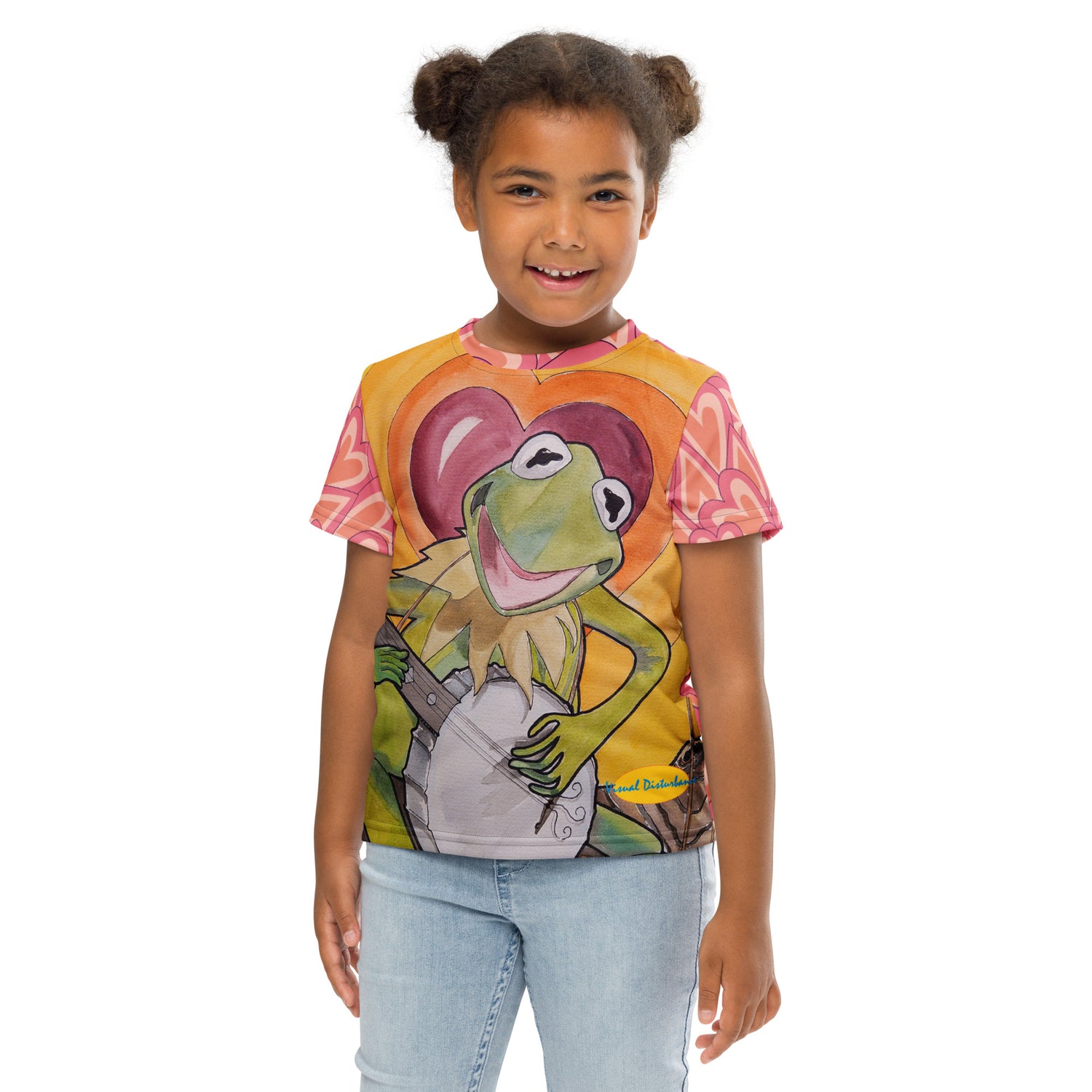 A young girl wearing a t-shirt with Kermit the frog playing a banjo.