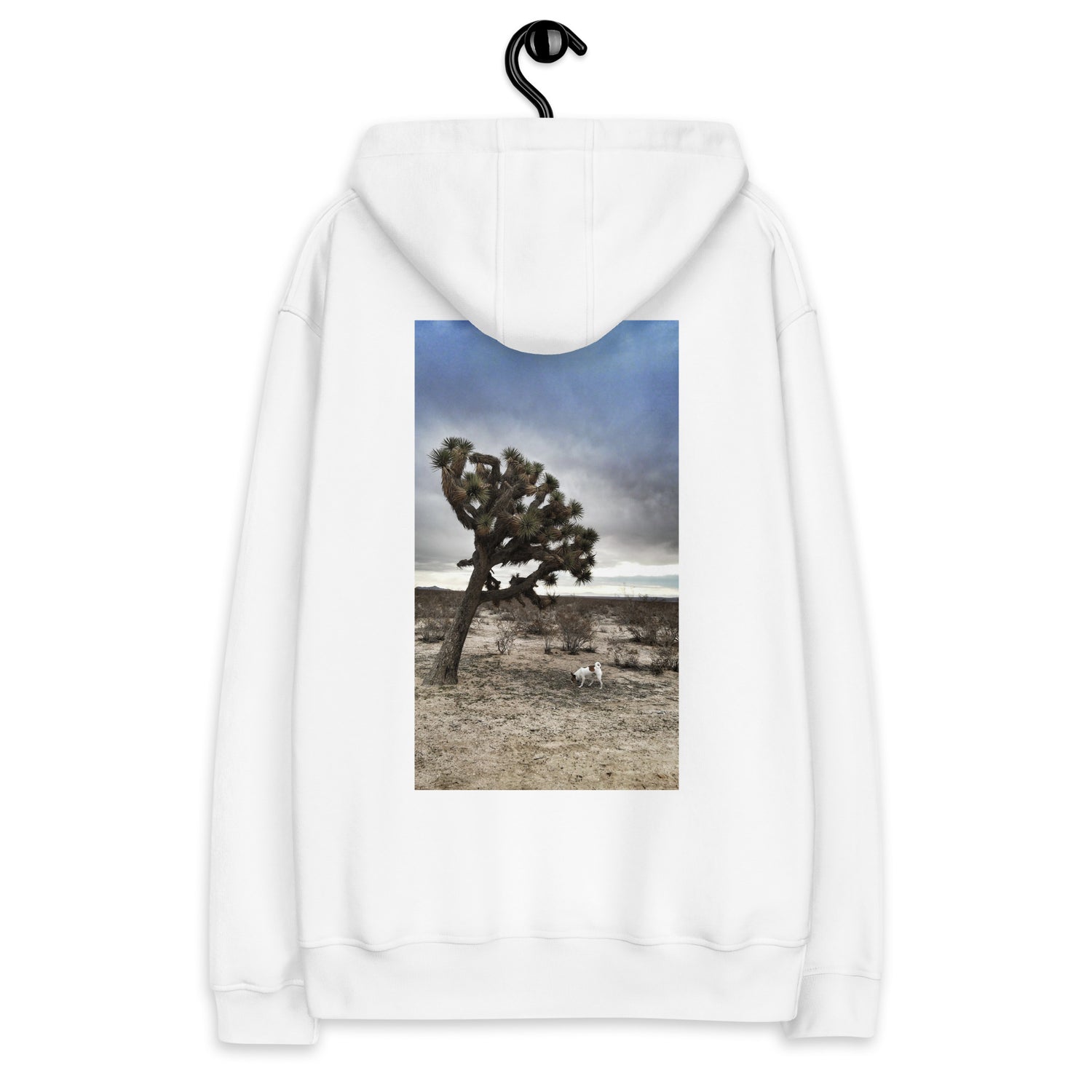 White Hoodie with a photograph of a small dog in the desert under a joshua tree