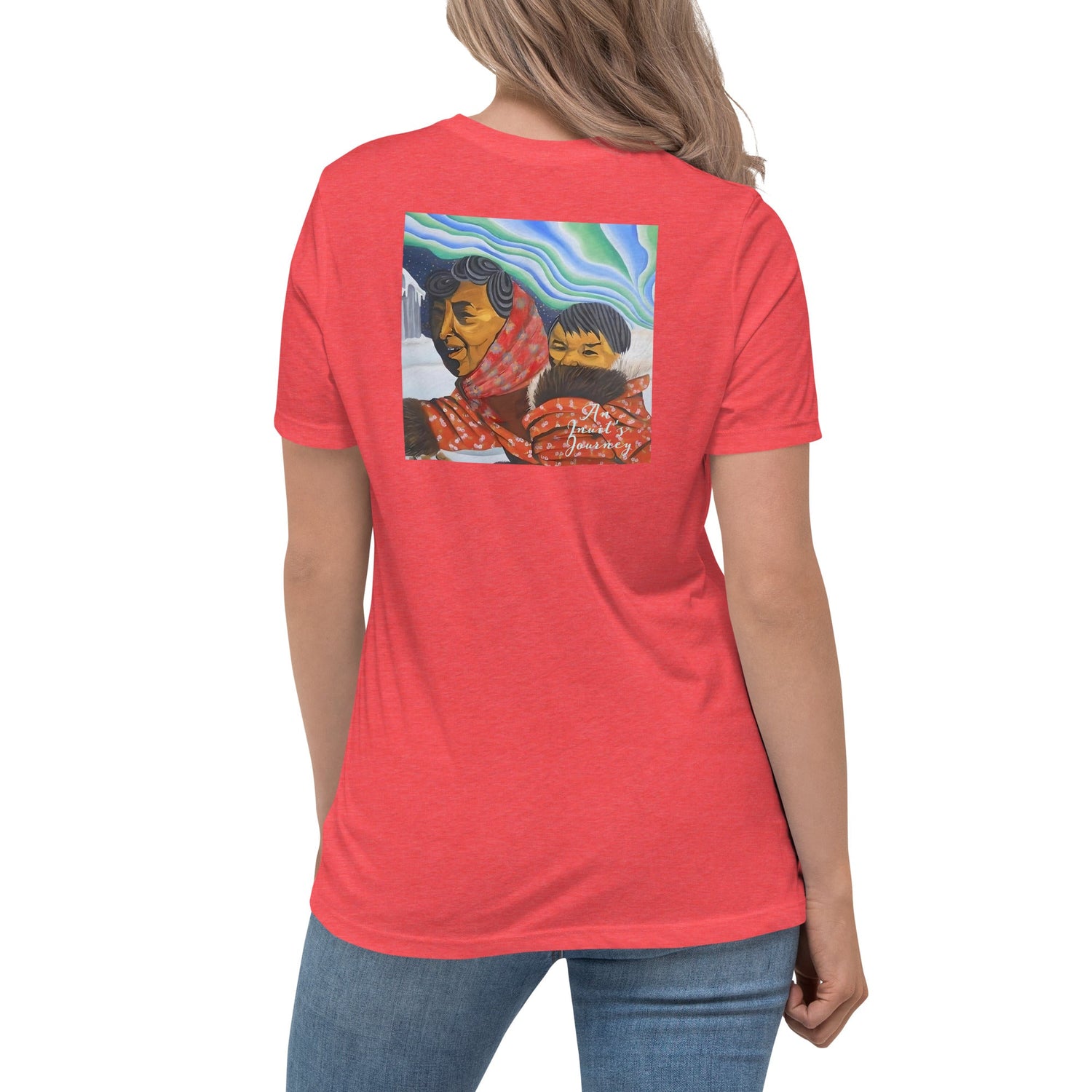 salmon pink t-shirt with and inuit and child art on the back. An Inuit's Journey