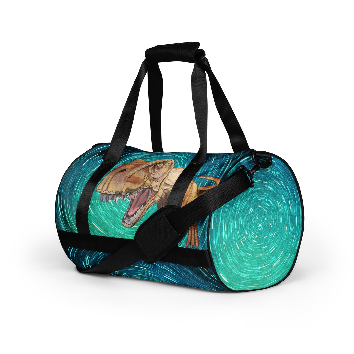 T- Rex in Gold Turquoise Night All-over print gym bag