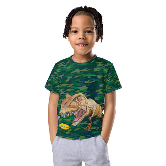 T-rex in Gold with Camo Kids crew neck t-shirt