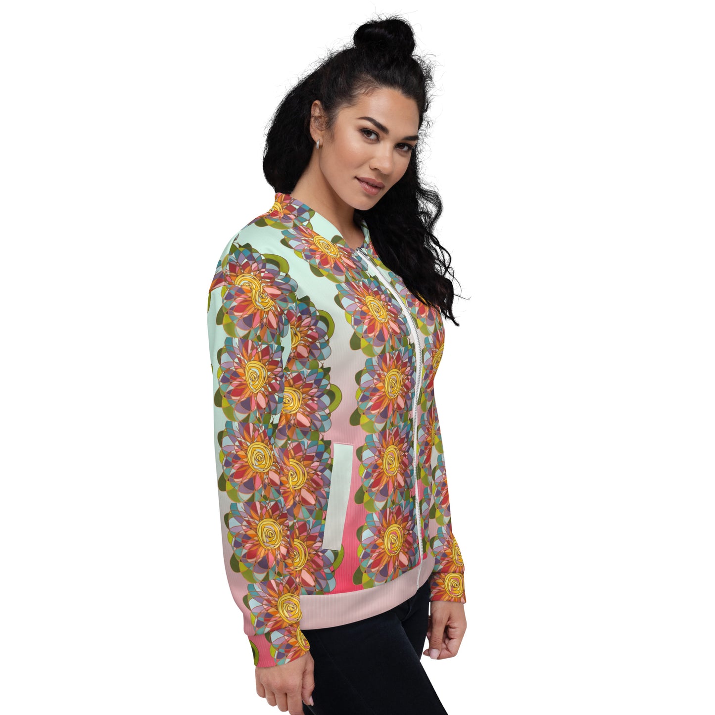 Swirl Flower in Rainbow (Green and Pink) Unisex Bomber Jacket
