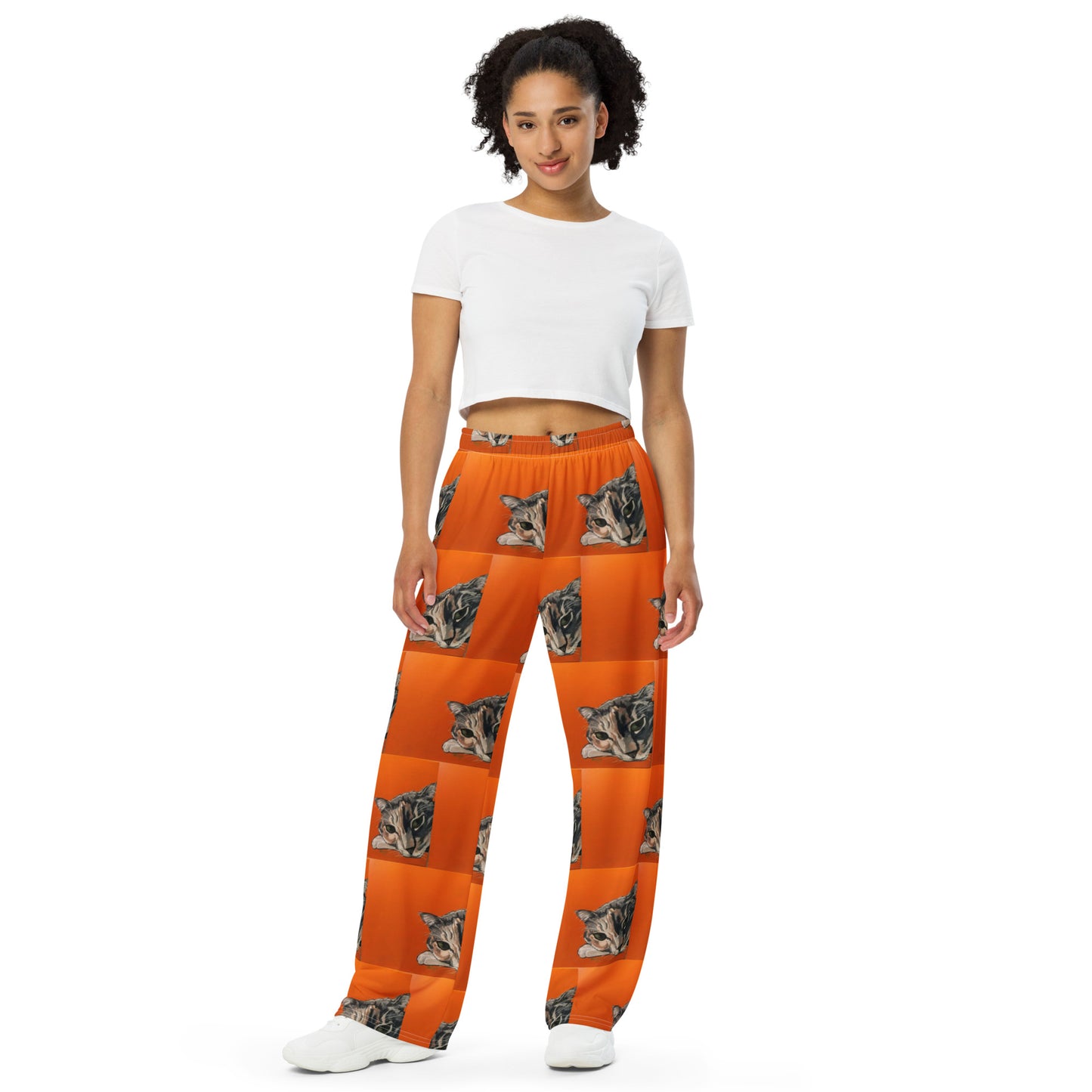 Calico Cat in Green Grass All-over print unisex wide-leg pants