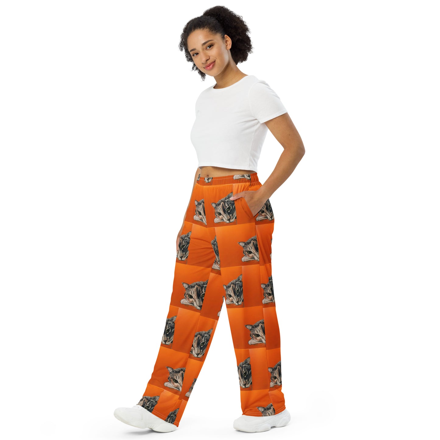 Calico Cat in Green Grass All-over print unisex wide-leg pants