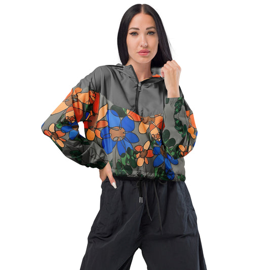 Abstract Flowers in Blue and Orange (Gray) Women’s cropped windbreaker
