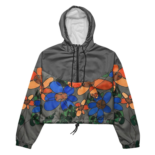 Abstract Flowers in Blue and Orange (Gray) Women’s cropped windbreaker