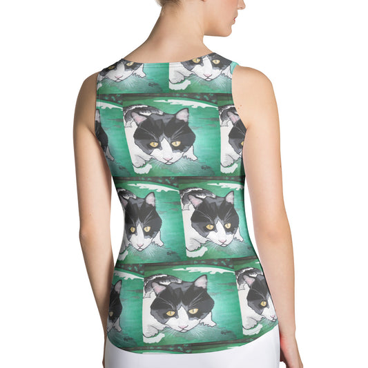 Black and White Cat in Green Grass  Tank Top
