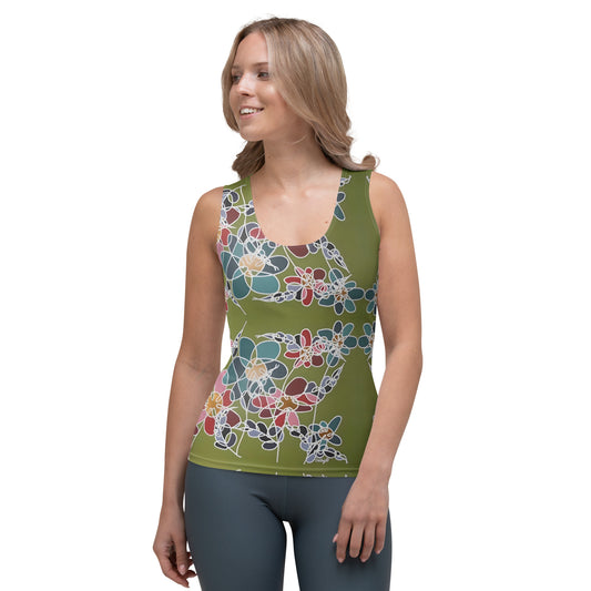 Abstract Flowers in Teal and Green Tank Top