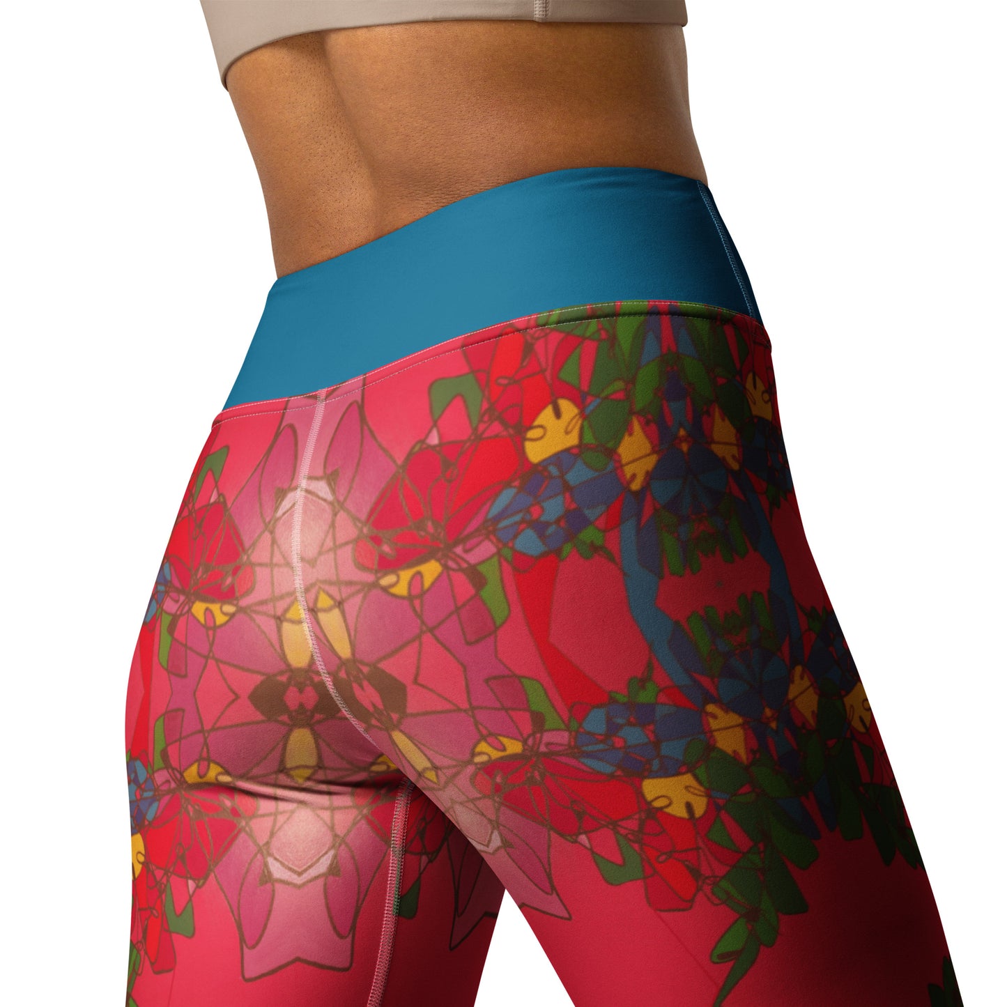 Abstract Flowers in Red and Green Yoga Leggings