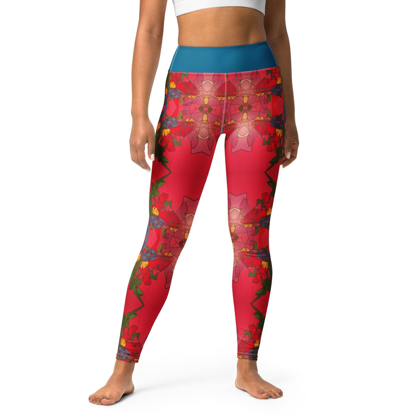 Abstract Flowers in Red and Green Yoga Leggings