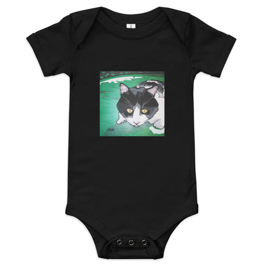 Black and white in the grass cat baby short sleeve one piece