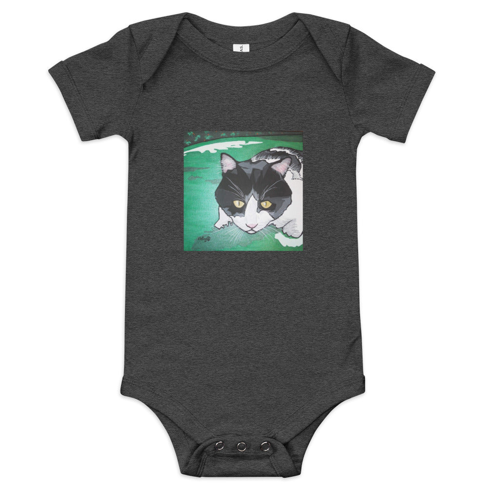 Black and white in the grass cat baby short sleeve one piece