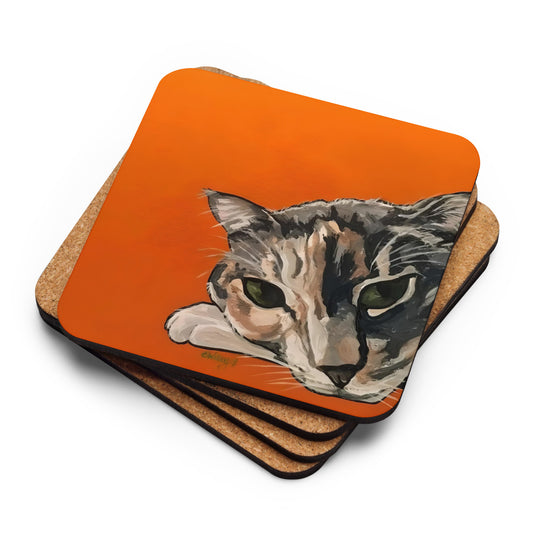 Calico Cat on Orange Cork-back coaster