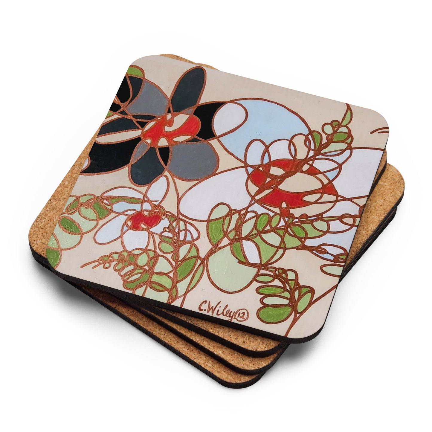 Abstract Flowers in Burnt Orange and Black Cork-back coaster