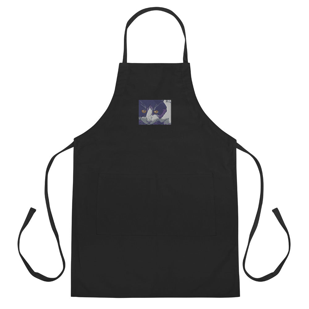 Black and White Cat in Green Grass Embroidered Apron