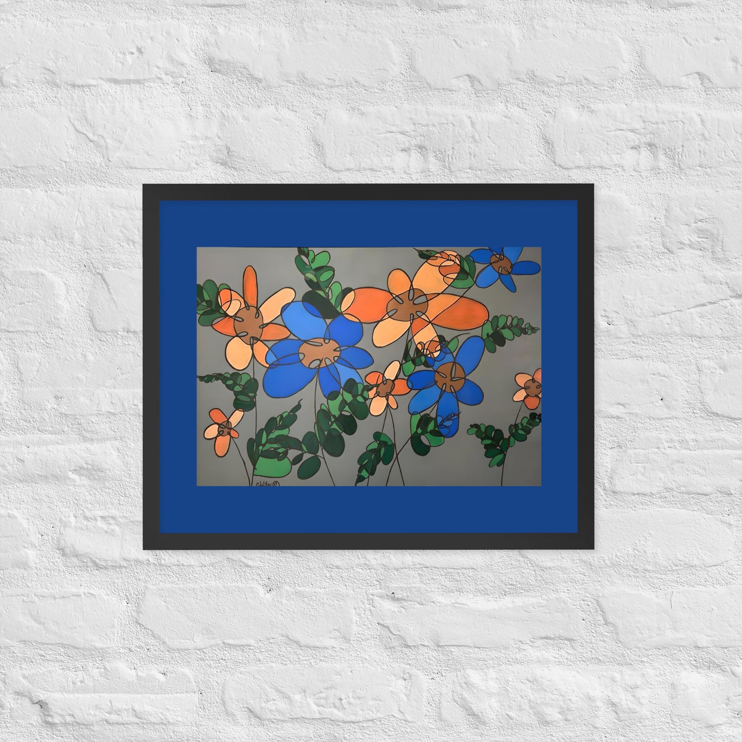 Abstract Flowers in Blue and Orange Framed poster