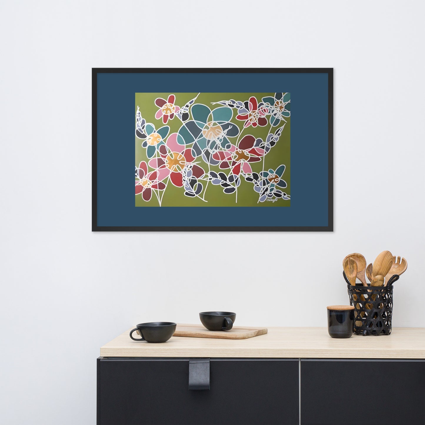 Abstract Flowers in Turquoise and Pink Framed Poster