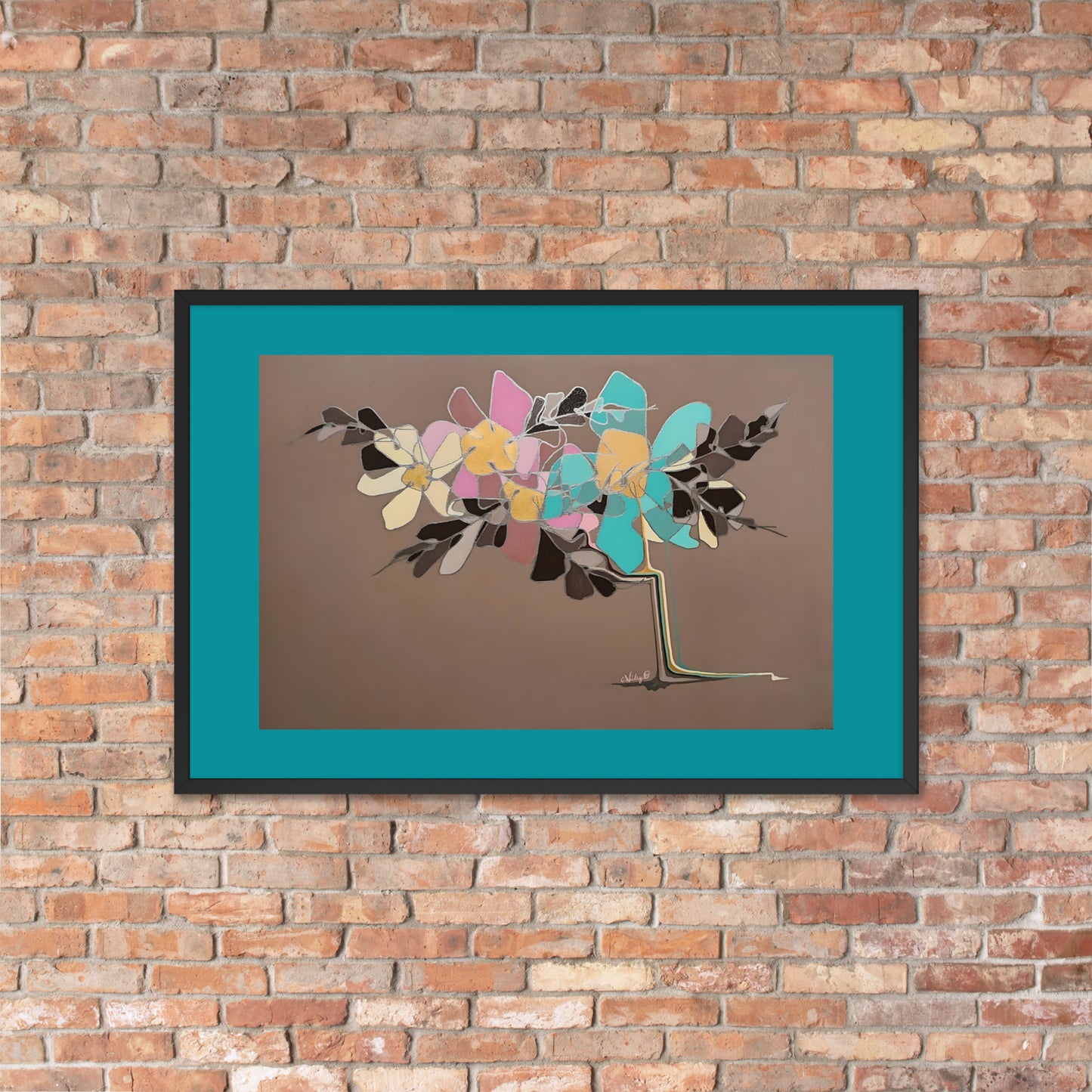 Abstract Flowers in Teal and Pink Framed poster