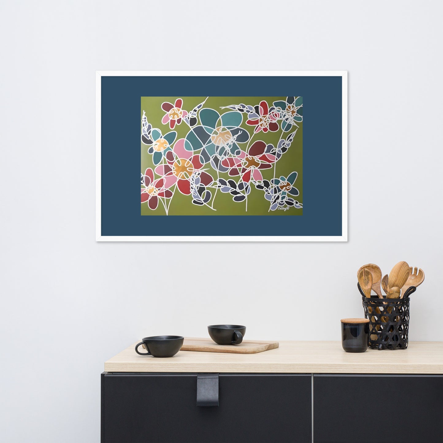 Abstract Flowers in Turquoise and Pink Framed Poster