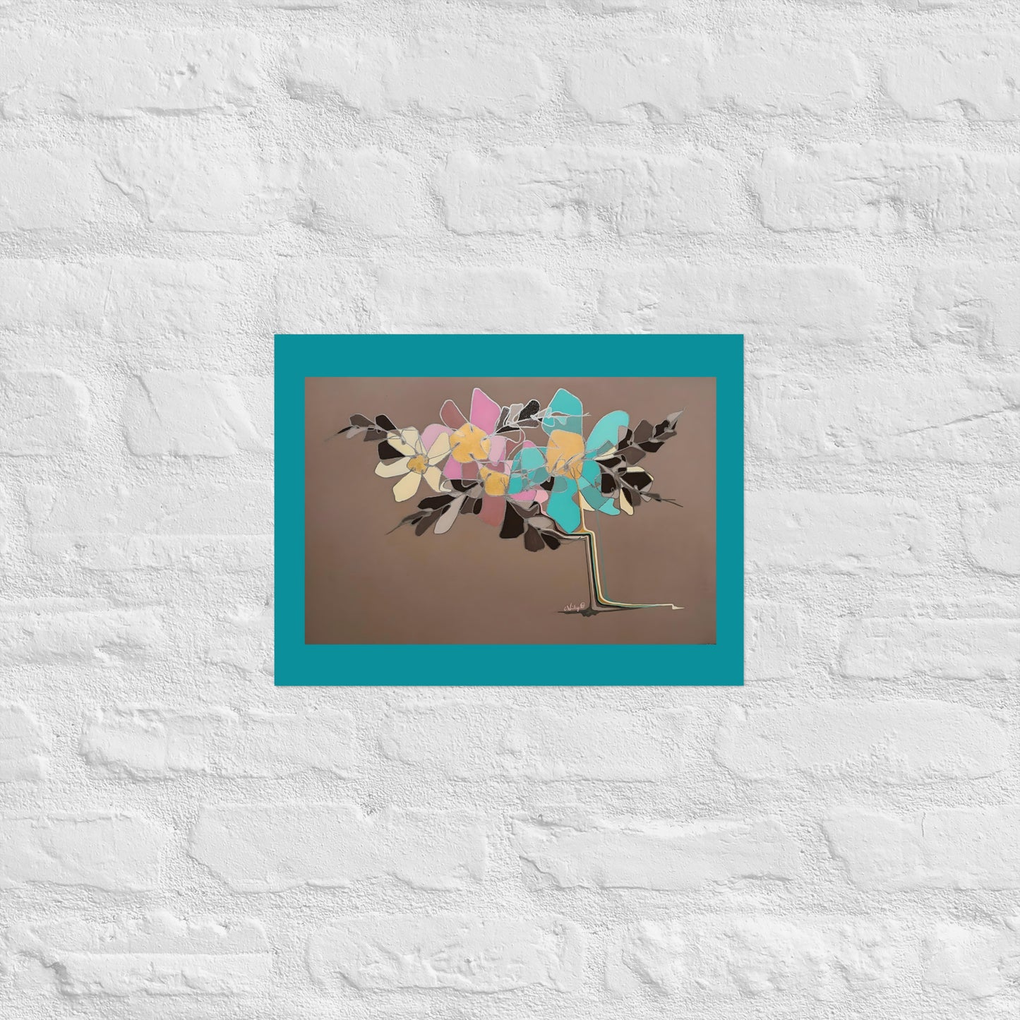 Abstract Flowers in Teal and Pink Poster