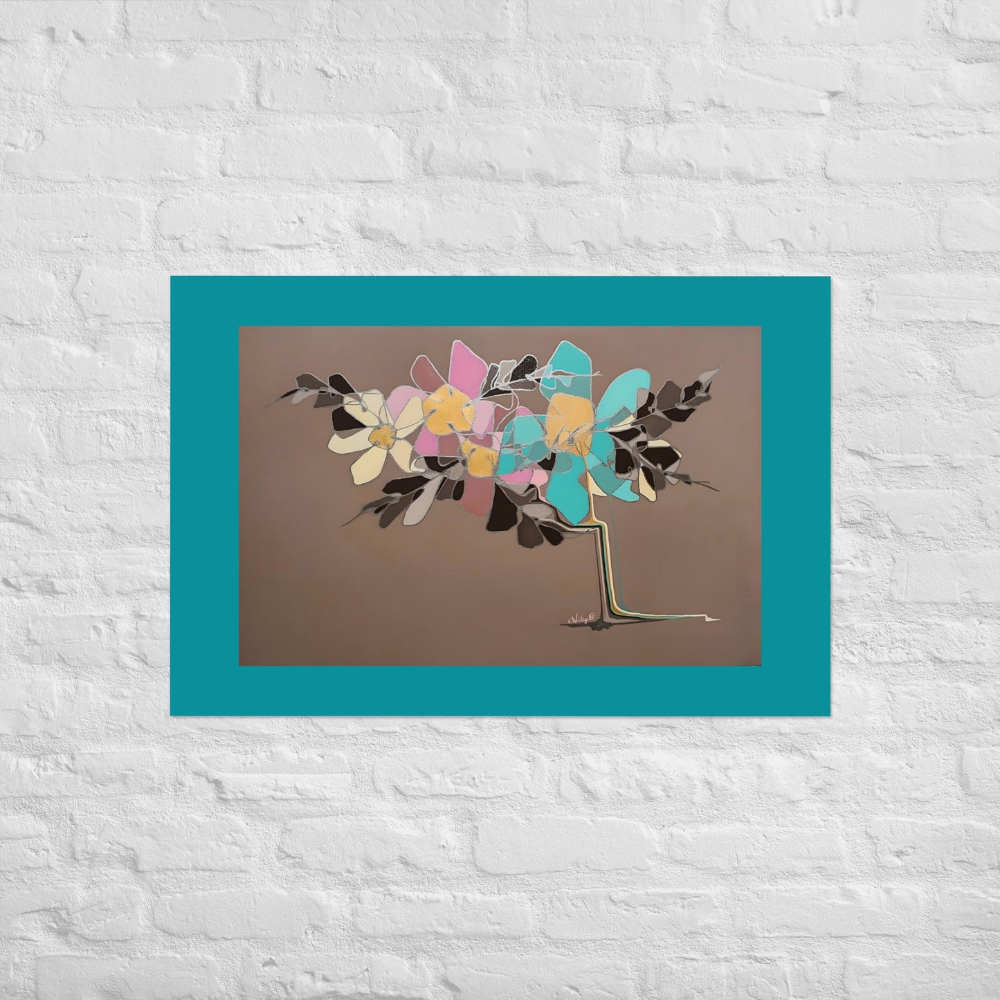 Abstract Flowers in Teal and Pink Poster