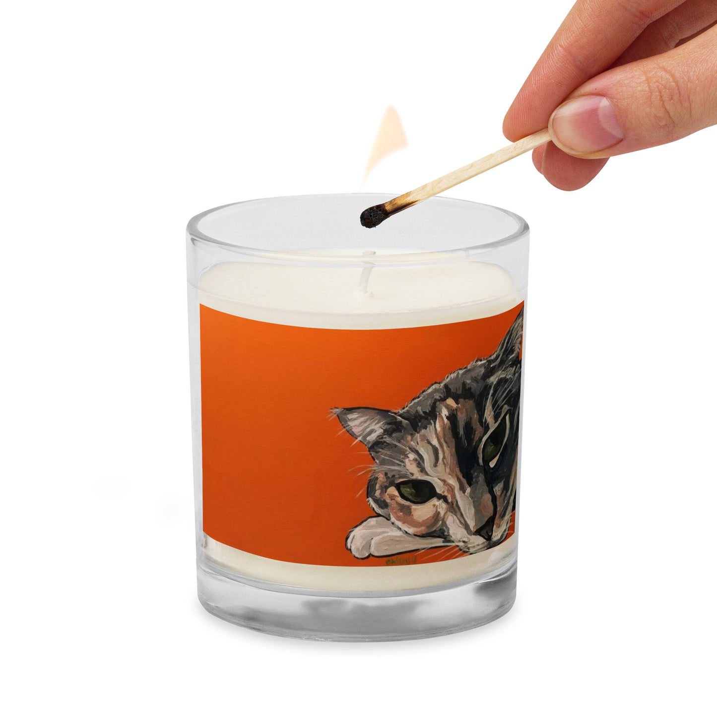 Calico Cat on Orange Glass jar soy wax candle
