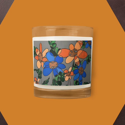 Abstract Flowers in Blue and Orange Glass jar soy wax candle