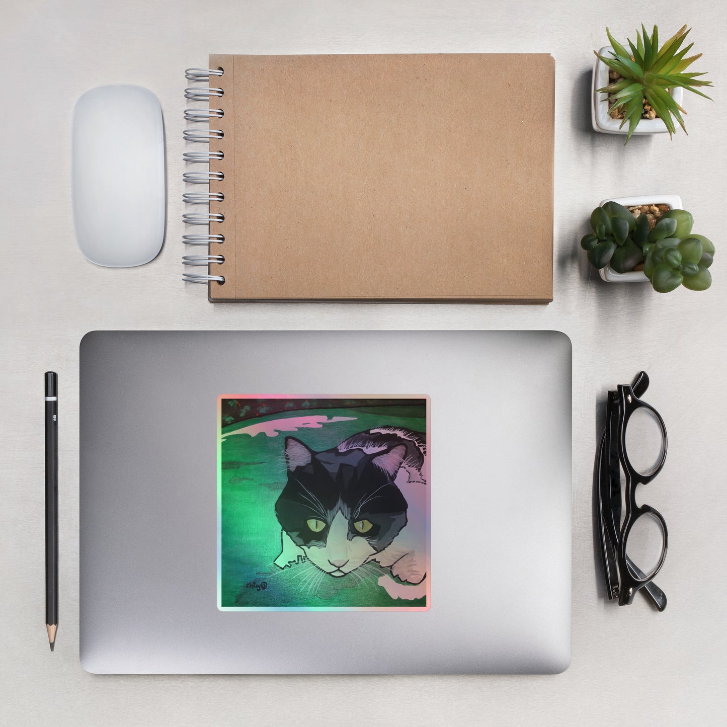 Black and White Cat on Green Grass Holographic stickers
