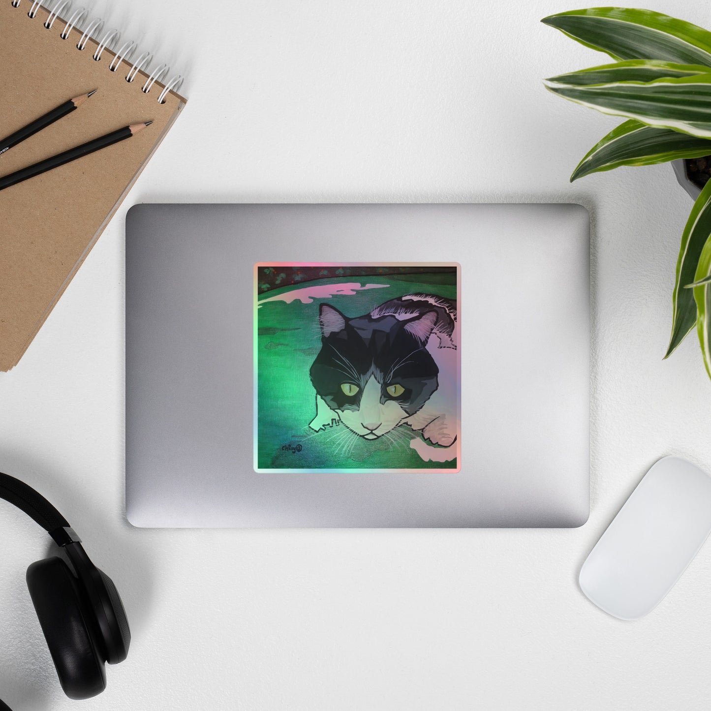 Black and White Cat on Green Grass Holographic stickers