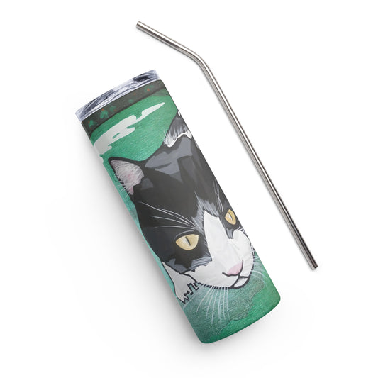 Black and white cat in the green Grass Stainless steel tumbler