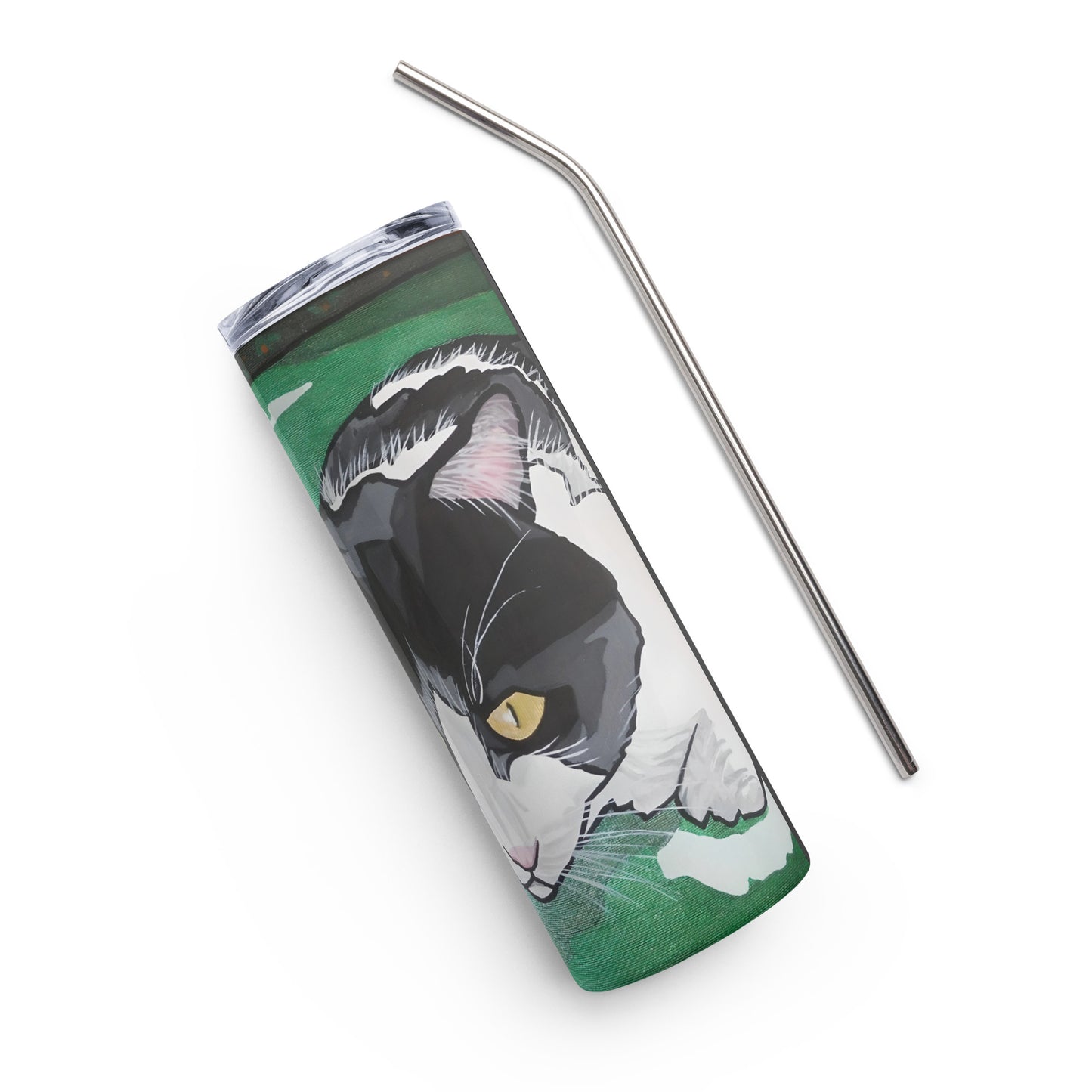 Black and white cat in the green Grass Stainless steel tumbler