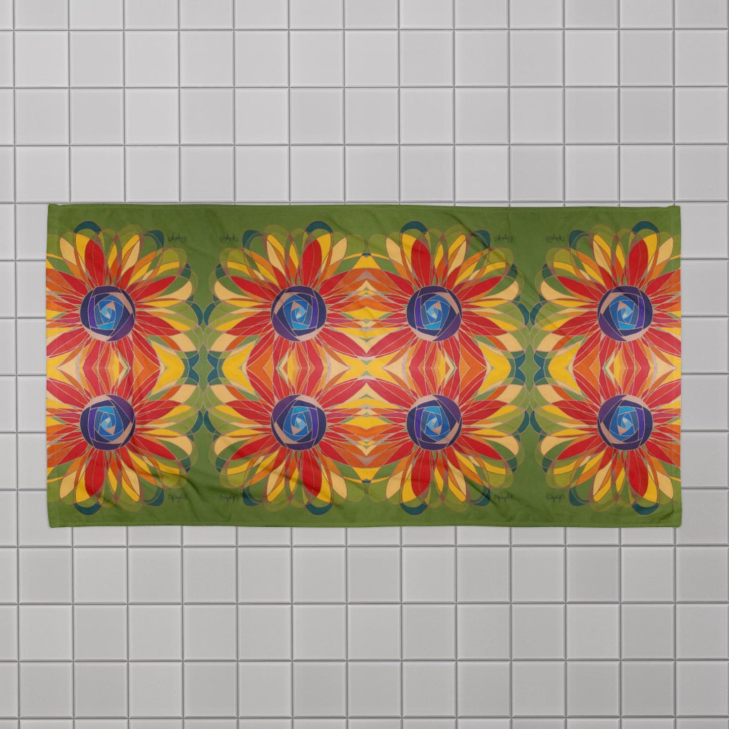 Green and red Swirl Flowers Towel