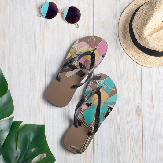 Abstract Flowers in Teal and Pink Flip-Flops