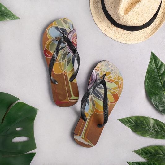 Abstract Flowers in Rainbow and Gold Flip-Flops