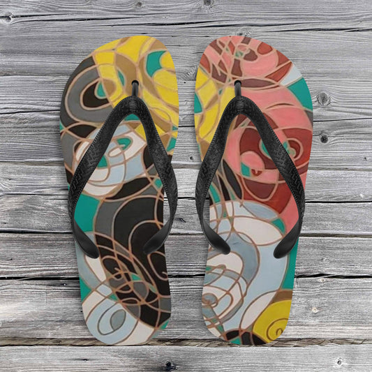 Red and Yellow, Black and White Circles Flip-Flops