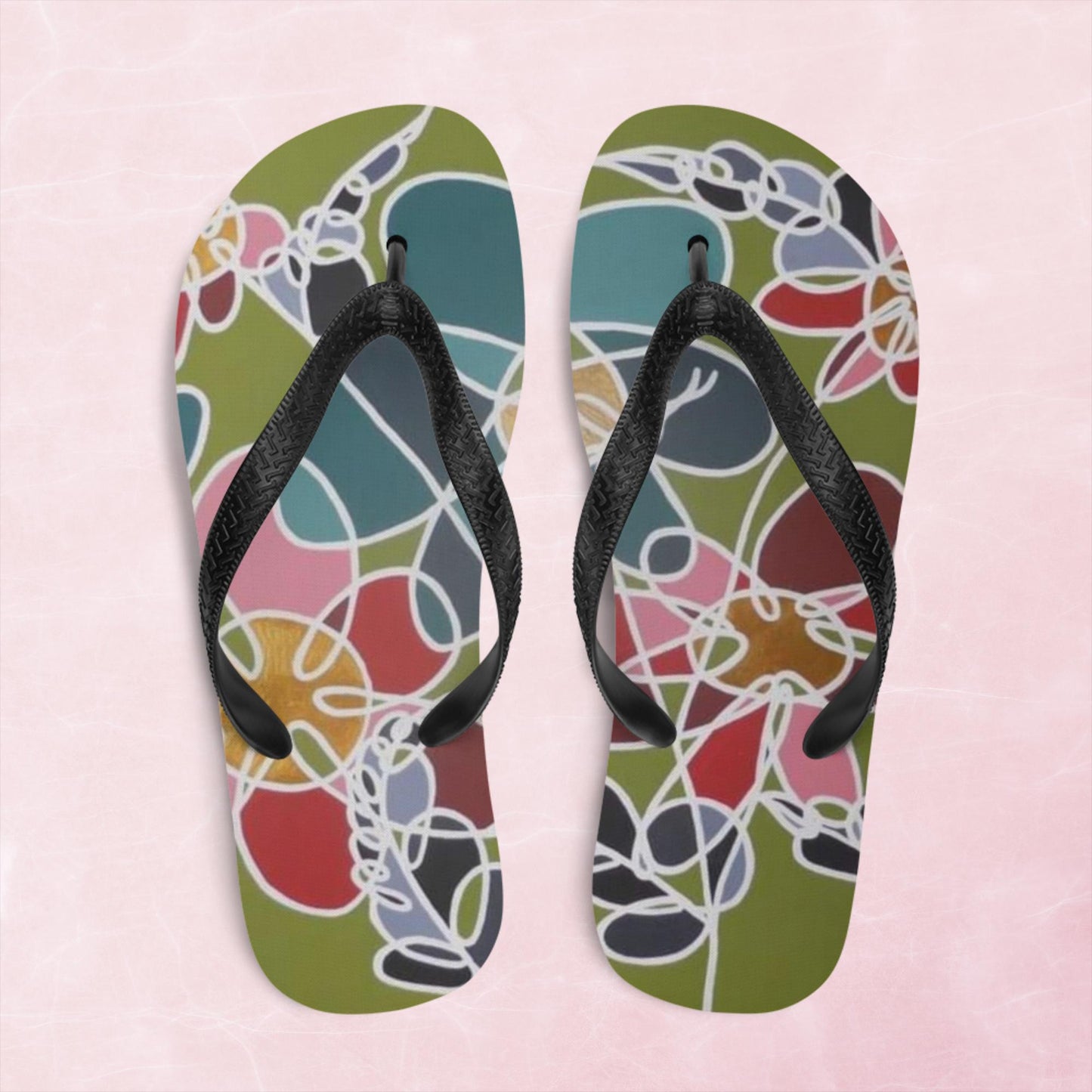 Abstract Flowers in Teal and Green Flip-Flops