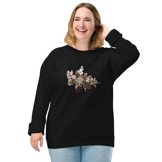 Unisex organic raglan sweatshirt with black and white abstract floral