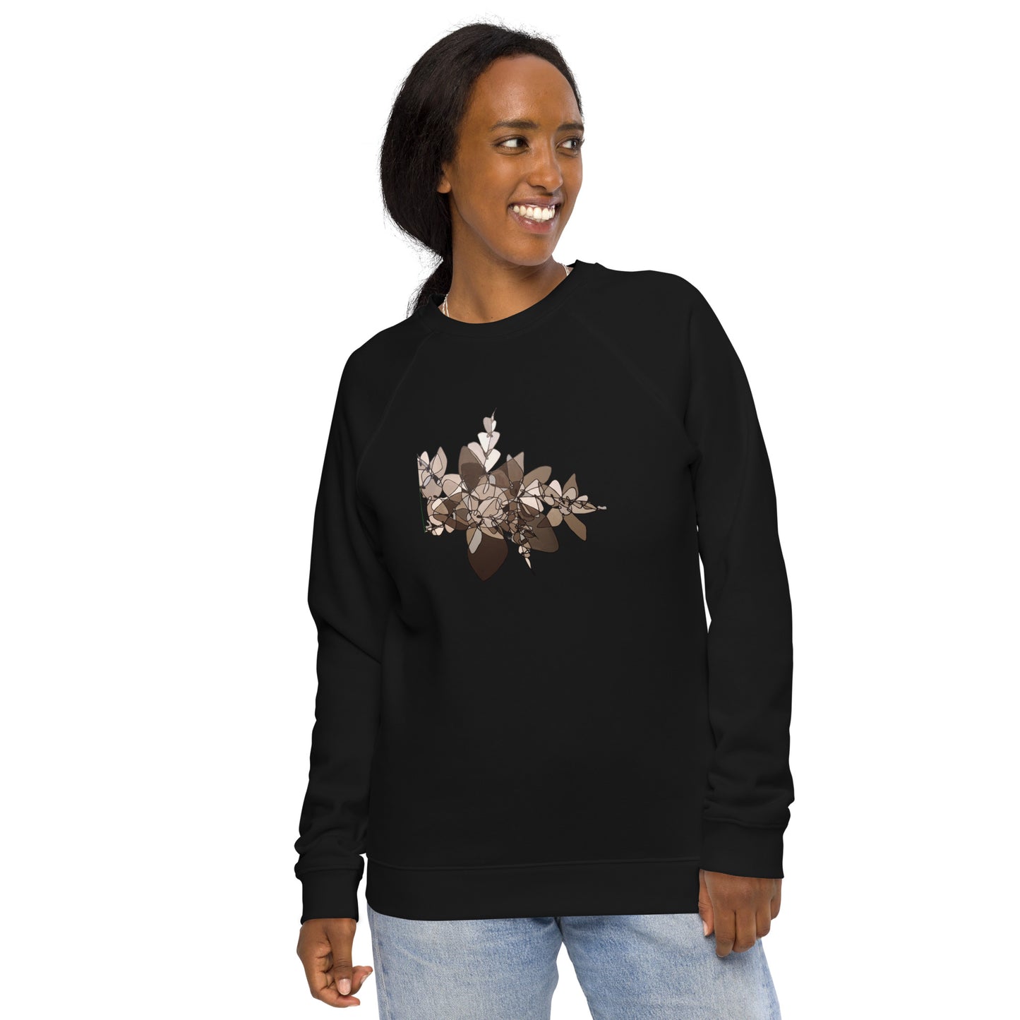 Unisex organic raglan sweatshirt with black and white abstract floral