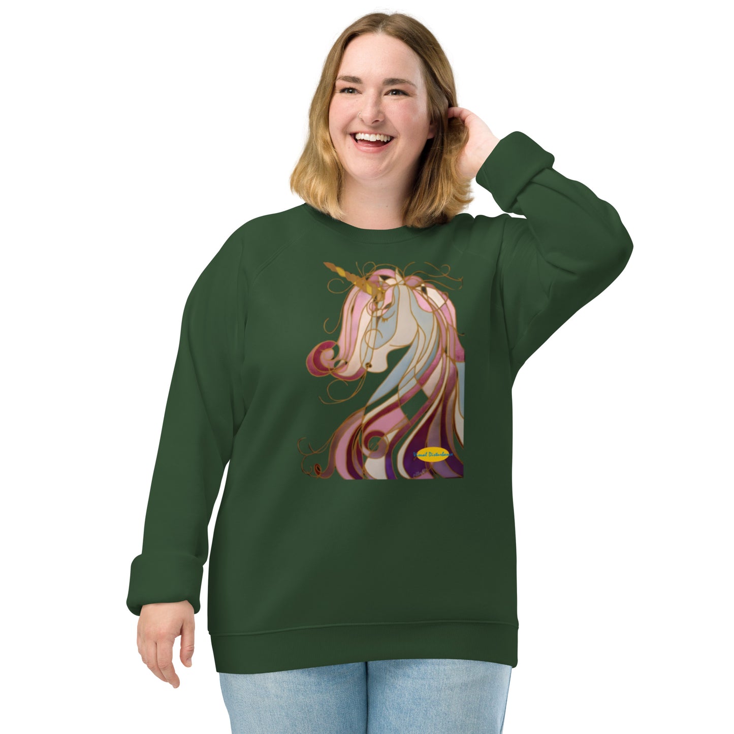 Unicorn in Gold Unisex organic raglan sweatshirt