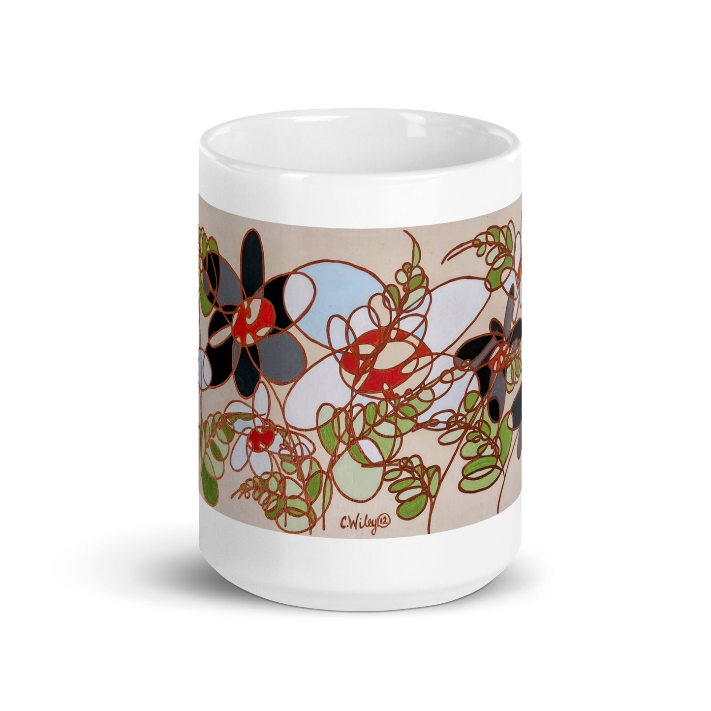 Abstract Flowers in Burnt Orange and Black White glossy mug