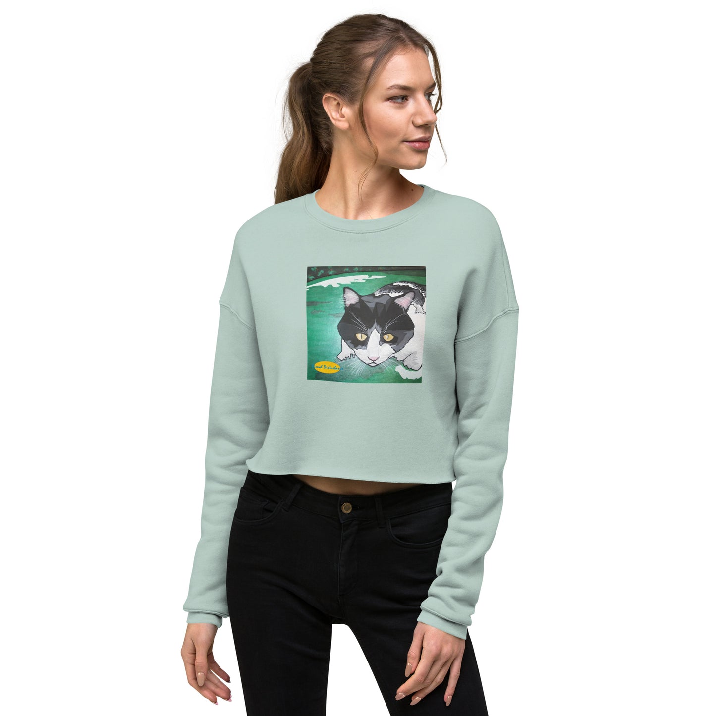 Black and White Cat on Green Grass Crop Sweatshirt
