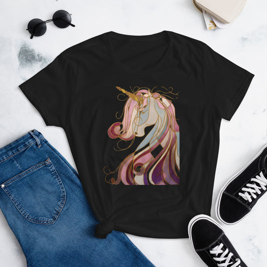 T-shirt with an abstract art design of a Unicorn in pink, white and gold.